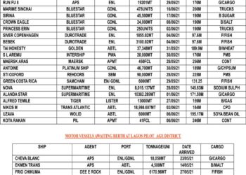 VESSEL EXPECTED AT LAGOS PORT AS AT MONDAY 31, MAY 2021