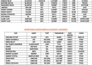 VESSEL EXPECTED AT LAGOS PORT AS AT THURSDAY 17, JUNE 2021