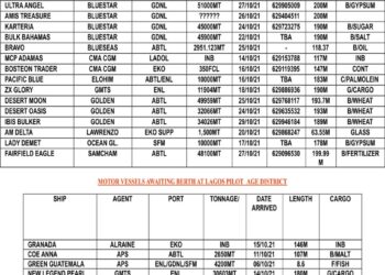 VESSELS EXPECTED AT LAGOS PORT AS AT MONDAY, OCTOBER 18, 2021