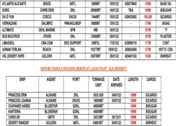 VESSELS EXPECTED AT LAGOS PORT AS AT MONDAY 17, JANUARY 2022