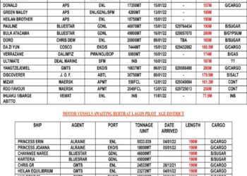 VESSELS EXPECTED AT LAGOS PORT AS AT MONDAY 10, JANUARY 2022