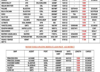 VESSELS EXPECTED AT LAGOS PORT AS AT THURSDAY, JANUARY 6, 2022