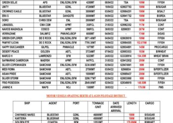 VESSELS EXPECTED AT LAGOS PORT AS AT THURSDAY 31, MARCH 2022