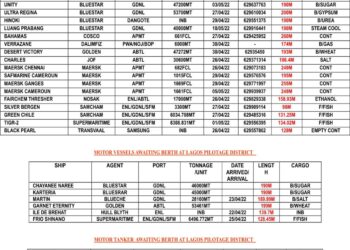 VESSELS EXPECTED AT LAGOS PORT AS AT WEDNESDAY 27, APRIL 2022