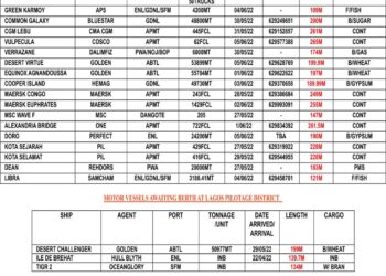 VESSELS EXPECTED AT LAGOS PORT AS AT MONDAY 30, MAY 2022