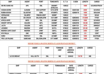 VESSELS EXPECTED AT LAGOS PORT AS AT MONDAY 6, JUNE 2022