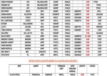 VESSELS EXPECTED AT LAGOS PORT AS AT THURSDAY 16, JUNE 2022
