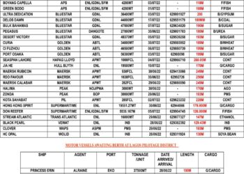 VESSELS EXPECTED AT LAGOS PORT AS AT THURSDAY 30, JUNE 2022