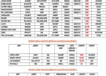 VESSELS EXPECTED AT LAGOS PORT AS AT TUESDAY 7, JUNE 2022