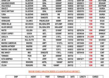 VESSELS EXPECTED AT LAGOS PORT AS AT SATURDAY 30, JULY 2022