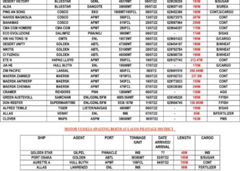 VESSELS EXPECTED AT LAGOS PORT AS AT THURSDAY 7. JULY 2022