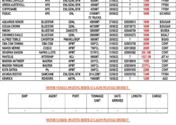 VESSELS EXPECTED AT LAGOS PORT AS AT MONDAY 22, AUGUST 2022