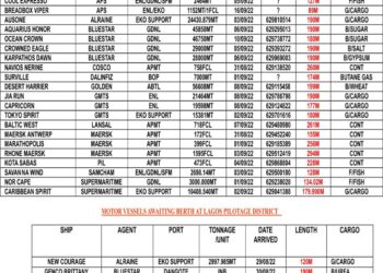 VESSELS EXPECTED AT LAGOS PORT AS AT THURSDAY 1, SEPTEMBER 2022
