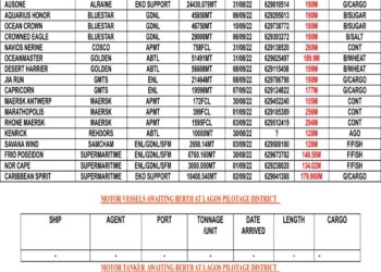 VESSELS EXPECTED AT LAGOS PORT AS AT TUESDAY 30, AUGUST 2022