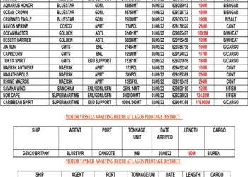 VESSELS EXPECTED AT LAGOS PORT AS AT WEDNESDAY 31, AUGUST 2022