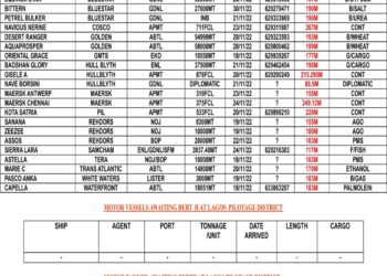 VESSELS EXPECTED AT LAGOS PORT AS AT SATURDAY 19, NOVEMBER 2022