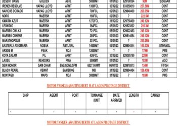 VESSELS EXPECTED AT LAGOS PORT AS AT SATURDAY 31, DECEMBER 2022