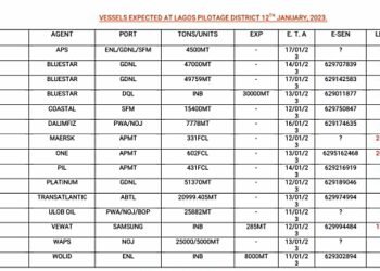 VESSELS EXPECTED AT LAGOS PORTS AS AT 12TH JANUARY, 2023.