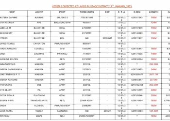 VESSELS EXPECTED AT LAGOS PORTS AS AT 13TH JANUARY, 2023.