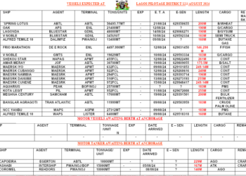 Vessels Expected At Lagos Ports As At 12th August, 2024