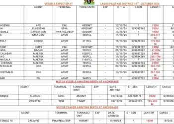 Vessels Expected At Lagos Ports As At 10th October, 2024