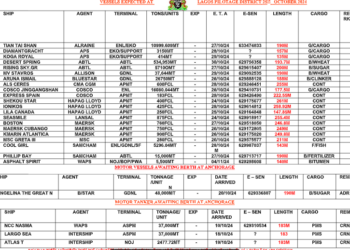 Vessels Expected At Lagos Ports As At 25th October, 2024