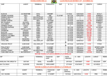 Vessels Expected At Lagos Ports As At October, 2024