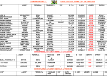 Vessels Expected At Lagos Ports As At 31st October, 2024