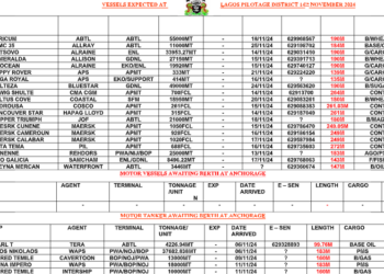 Vessels Expected At Lagos Ports As At 14th November, 2024