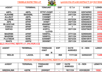 Vessels Expected At Lagos Ports As At 25th November, 2024