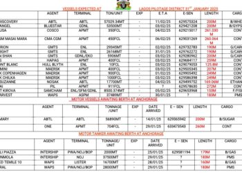 Vessels Expected At Lagos Ports As At 31st January, 2025