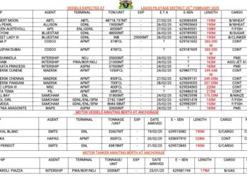 Vessels Expected At Lagos Ports As At 25th February, 2025