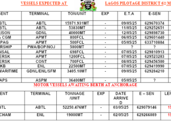 Vessels Expected At Lagos Ports As At 6th May, 2025