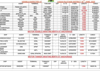 Vessels Expected At Lagos Ports As At 18th June, 2025