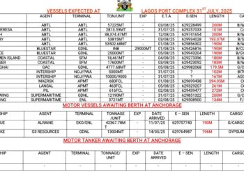 Vessels Expected At Lagos Ports As At 31st July, 2025