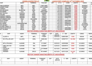 Vessels Expected At Lagos Ports As At 10th October, 2025