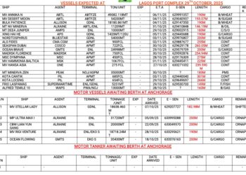 Vessels Expected At Lagos Ports As At 29th October, 2025