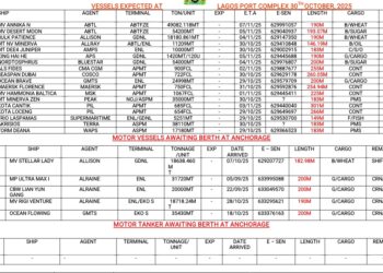 Vessels Expected At Lagos Ports As At 30th, 2025