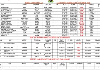 Vessels Expected At Lagos Ports As At 31st October, 2025