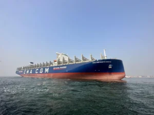 The new Monte Cristo methanol container ship, owned by French shipping and logistics giant CMA CGM