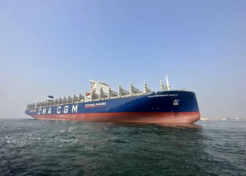 The new Monte Cristo methanol container ship, owned by French shipping and logistics giant CMA CGM