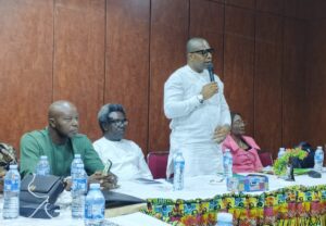 Registrar and Chief Executive Officer of CRFFN, Mr. Kingsley Igwe (standing) speaking at the opening session of the launch of a technical training for CRFFN staff on Maritime Anti-Corruption Network (MACN) tools in Abuja.