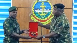 The Base Operations Officer, Lt.-Cmdr. E.C. Igwe during a media visit to the naval base, led by the Director of Defence Media Operations, Maj.-Gen. Michael Onoja.