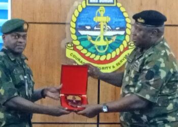 The Base Operations Officer, Lt.-Cmdr. E.C. Igwe during a media visit to the naval base, led by the Director of Defence Media Operations, Maj.-Gen. Michael Onoja.