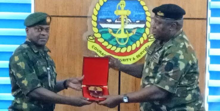 The Base Operations Officer, Lt.-Cmdr. E.C. Igwe during a media visit to the naval base, led by the Director of Defence Media Operations, Maj.-Gen. Michael Onoja.