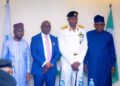 Executive Director Operations, Nigerian Maritime Administration and Safety Agency, NIMASA, Engr. Fatai Taiye Adeyemi; Flag Officer Commanding, Western Naval Command (FOC-WNC), Rear Admiral Abdullahi Mustapha; Director General NIMASA, Dr Dayo Mobereola and Executive Director, Maritime Labour and Cabotage Services, NIMASA, Jibril Abba during a courtesy visit by the FOC to the NIMASA headquarters in Lagos.
