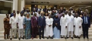 The Permanent Secretary, Federal Ministry of Marine and Blue Economy, Fatima Sugra Tabi'a Mahmood (5th r, rep. of the Honourable Minister ), Chairman, NIWA Governing Board, Mukhtar Shehu Shagari (6th r), Acting Managing Director, NIWA, Yusuf Girei (4th r) Chairman, Independent Corrupt Practices and Other Related Offences Commission, Dr. Musa Aliyu (7th r) and other board members/top management of NIWA.