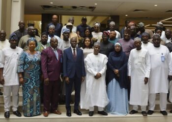 The Permanent Secretary, Federal Ministry of Marine and Blue Economy, Fatima Sugra Tabi'a Mahmood (5th r, rep. of the Honourable Minister ), Chairman, NIWA Governing Board, Mukhtar Shehu Shagari (6th r), Acting Managing Director, NIWA, Yusuf Girei (4th r) Chairman, Independent Corrupt Practices and Other Related Offences Commission, Dr. Musa Aliyu (7th r) and other board members/top management of NIWA.