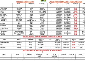Vessels Expected At Lagos Ports As At 6th February, 2026