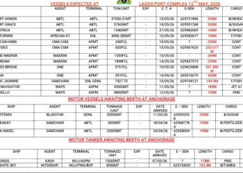 Vessels Expected At Lagos Ports As 12 May, 2026